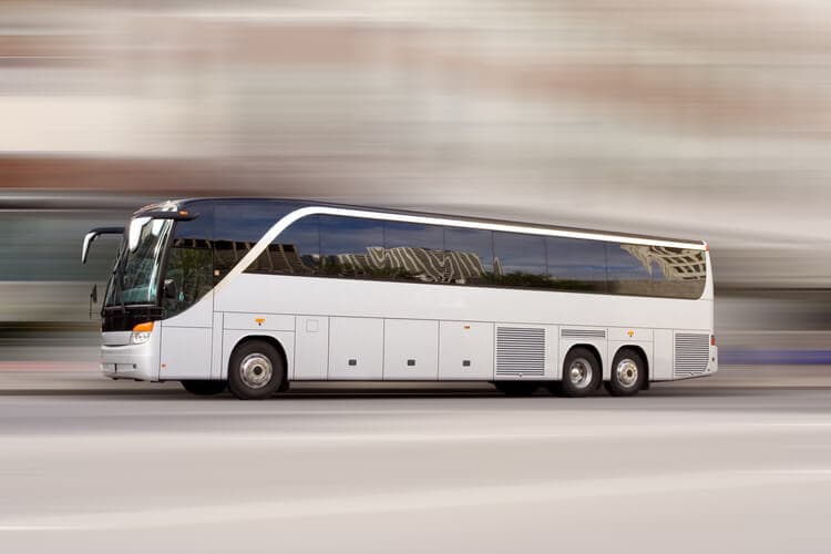 Front view of a modern charter bus